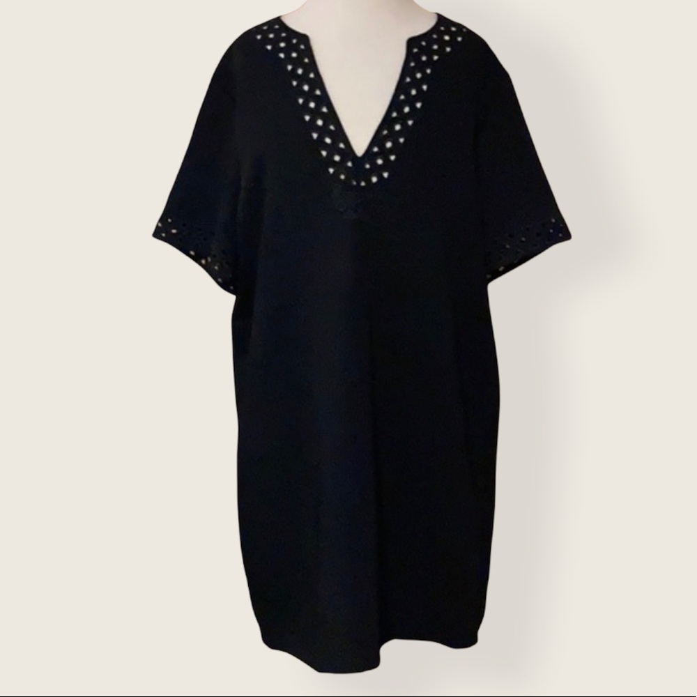 MADEWELL Black Perforated Vneck Short Sleeve Mini Dress